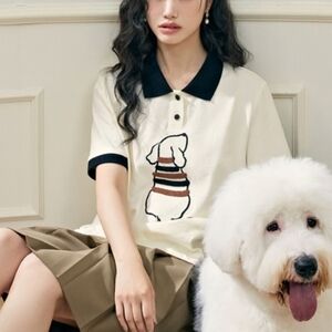 Stylish Cream and Black Dog Print Polo Loose T-Shirt